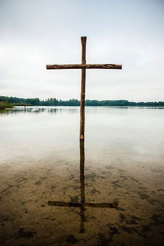 Wooden Cross | Serene image of a cross in the water Art Print