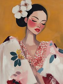 Modernes Porträt in Pastellfarben vor ockerfarbenem Hintergrund von Studio Allee