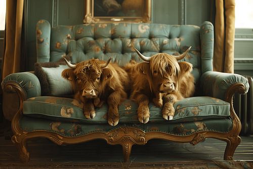 Zwei junge Schottische Hochlandrinder entspannen