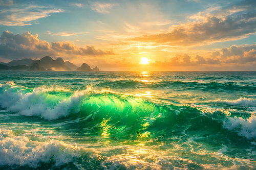 Een turkooizen zeegolf bij zonsondergang – een oceaanlandschap met kustlijn