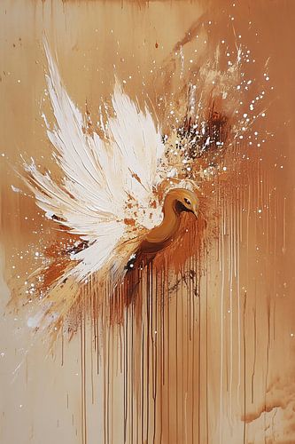 Abstract pauw schilderij met sepia tinten