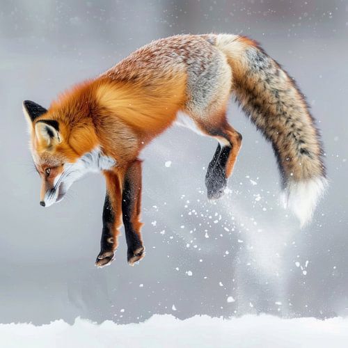 Springende vos in de sneeuw