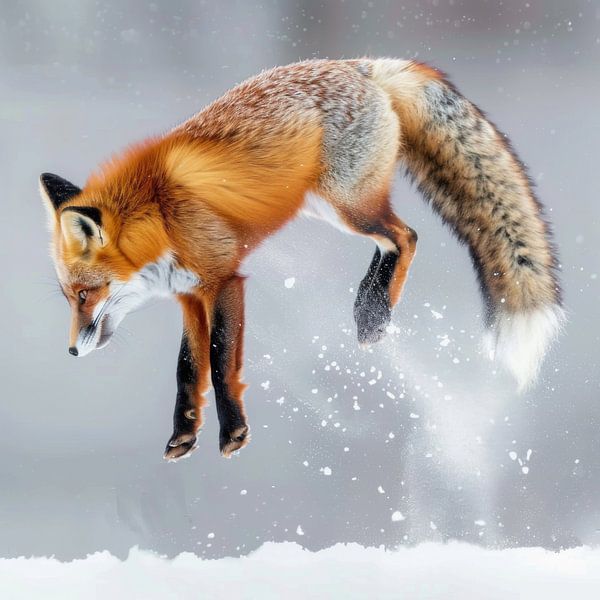 Jumping fox in the snow by Poster Art Shop