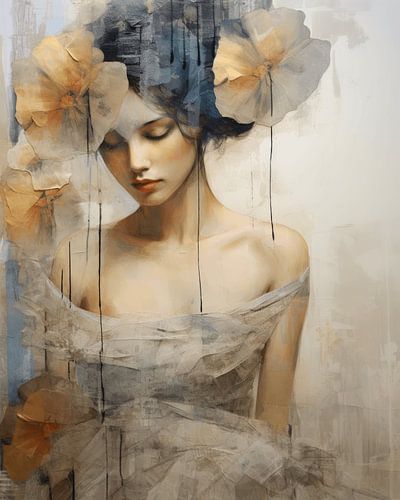 Mixed media portret met bloemen