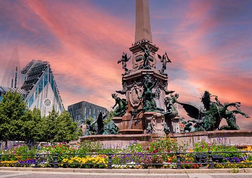 Uitzicht op de Augustusplatz van Leipzig met de fontein