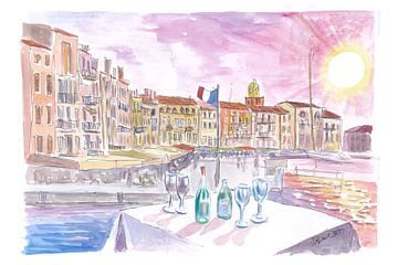 Saint-Tropez Frankrijk Uitzicht op de oude haven en de bar met wijn van Markus Bleichner