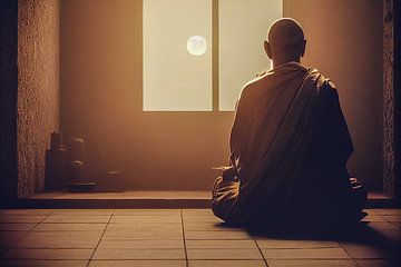 Buddhistischer Mönch meditiert in einem Raum von Animaflora PicsStock