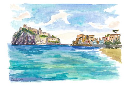 Peinture représentant la côte d'Ischia avec le Castello Aragonese et vue sur la Méditerranée