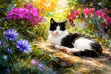 Schwarz-weiße Katze im Blumengarten