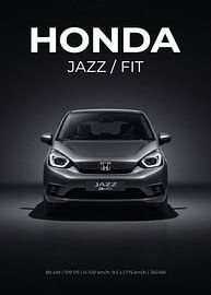 Vorderansicht eines modernen grauen Honda Jazz EHEV-Hybridwagens in einem Studio