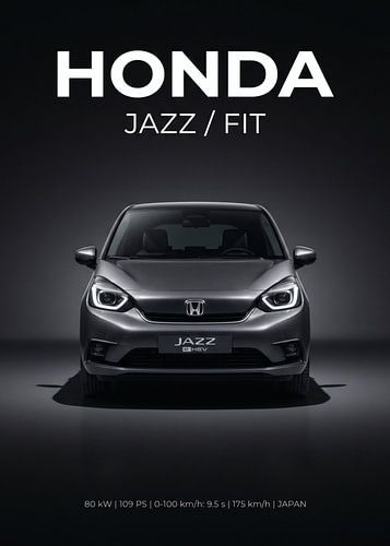 Vorderansicht eines modernen grauen Honda Jazz EHEV-Hybridwagens in einem Studio