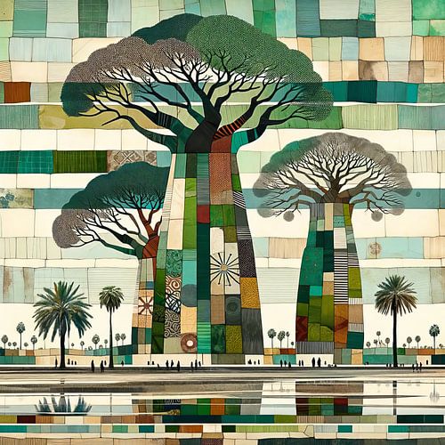 Collage 3 baobabs in groen landschap met reflectie