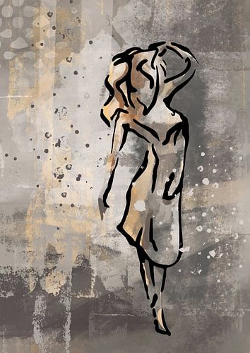 Abstract minimal art in goud geel en taupe