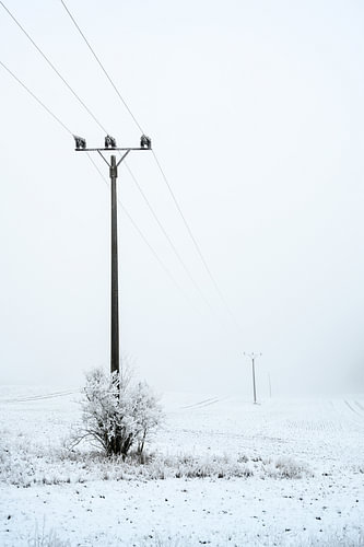 Mast von einer Überlandstromleitung an einem grauen, nebligen Wintertag mit Raureif und Schnee, Kopi
