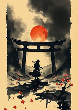 Silhouette de samouraï sous la lune rouge