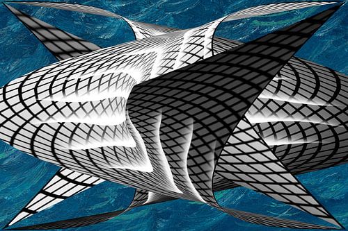 Abstract graphic fish figures in deep blue ocean