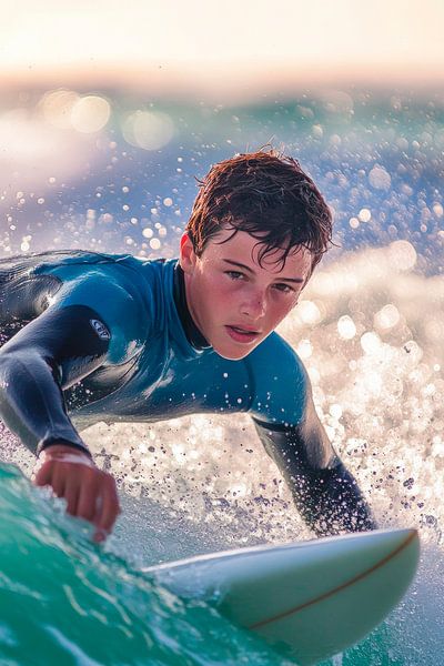 Junger Surfer reitet die Welle von Poster Art Shop