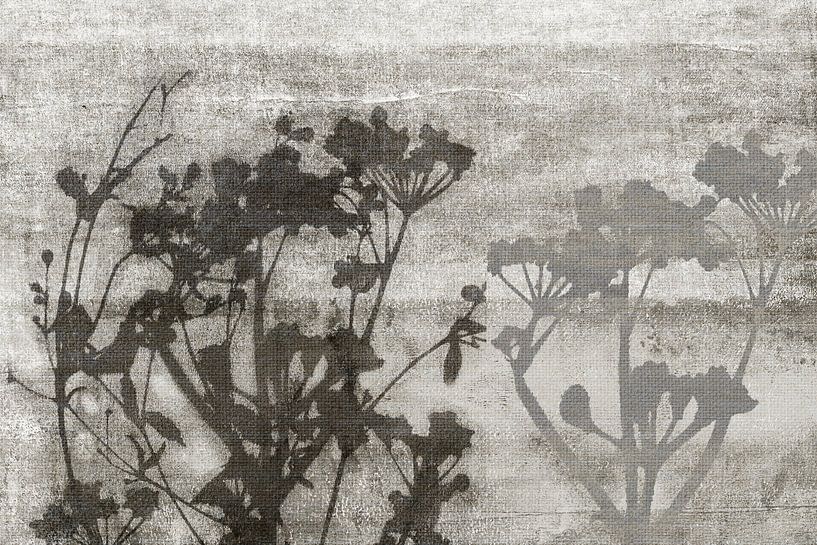 Flowers in dark taupe on linen by Dina Dankers