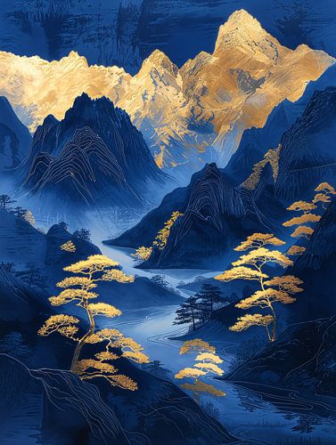 Montagnes du Japon en bleu foncé