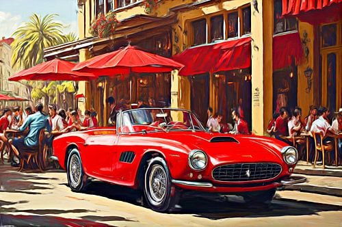 Rode Ferrari 250 Cabrio voor een Bistro