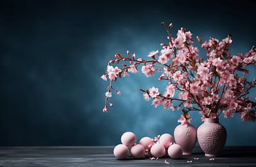 rosa Vasen und Ostereier auf dunklem Tisch mit Zweigen voller Kirschblüten