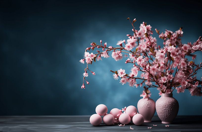 rosa Vasen und Ostereier auf dunklem Tisch mit Zweigen voller Kirschblüten von Margriet Hulsker