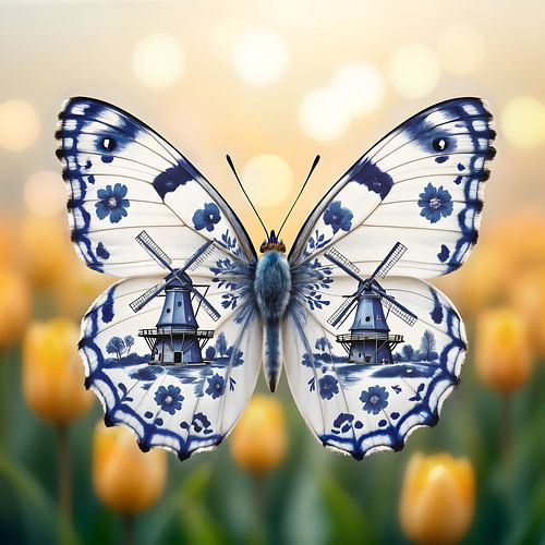 Papillon bleu de Delft dans un champ de tulipes jaunes hollandaises