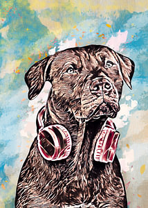 Labrador met hoofdtelefoon aquarel achtergrond