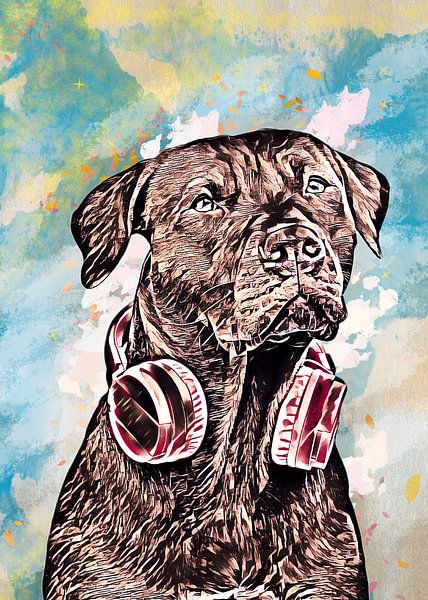 Labrador met hoofdtelefoon aquarel achtergrond van KalliDesignShop