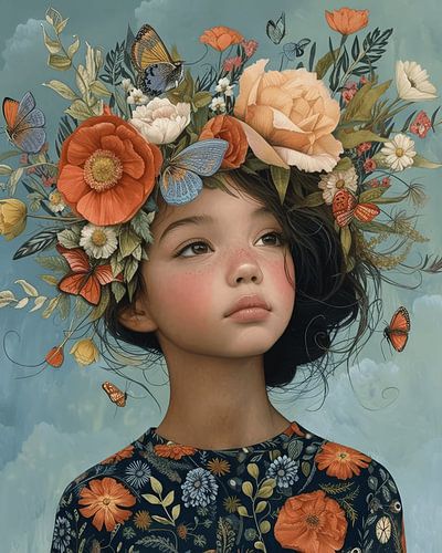 Het meisje, de bloemen en de vlinders