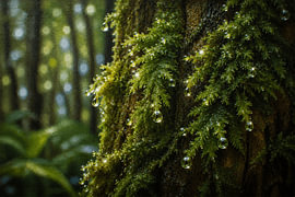 Tronc d'arbre recouvert de mousse II – Lumière matinale sur la mousse de la forêt tropicale – Thérapie par la nature en Indonésie I Indonésie I Collection « Rain » sur Vínculae