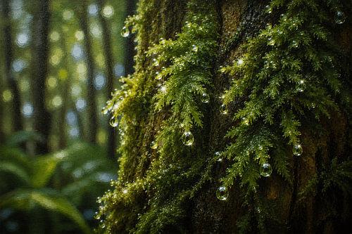 Moosbewachsener Baumstamm II Morgenlicht auf Regenwaldmoos – Naturtherapie in Indonesien I Indonesien I Regensammlung