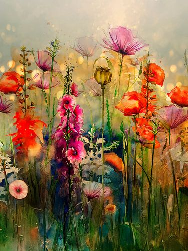 Zomers veld met klaprozen en stokrozen