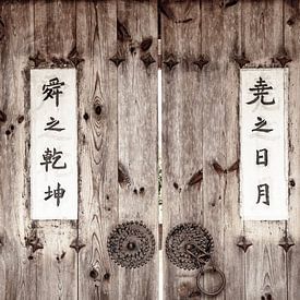 Koreanische Schriftzeichen auf einer Holztür in Südkorea von Ron van der Stappen