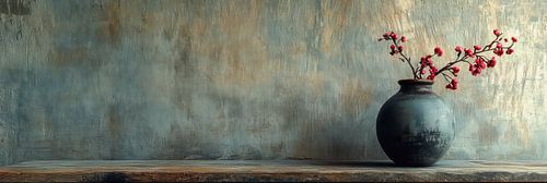 Donkere vaas met roze bloesemtak tegen blauwe wand panorama