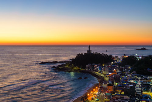 Korean coastal town in golden hour