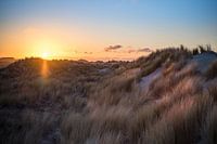 Ameland, ondergaande zon in de duinen bij het strand.
