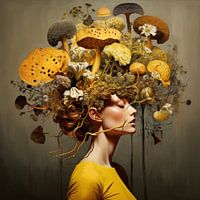 Een vrouw verweven met de natuur, met op haar hoofd paddestoelen en bloemen