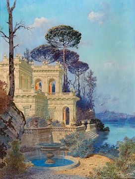 FERDINAND KNAB, Villa, une fontaine au bord du lac au premier plan, 1899