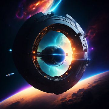 SF beeld van een ruimteschip bij een wormhole. van Brian Morgan