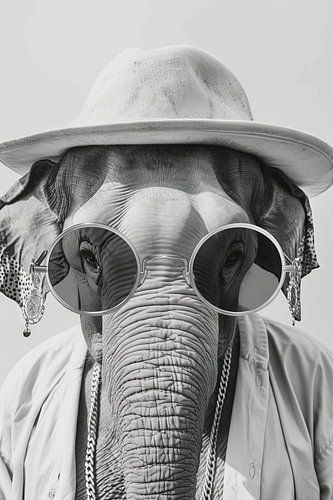 Stijlvolle olifant met hoed en zonnebril in zwart en wit
