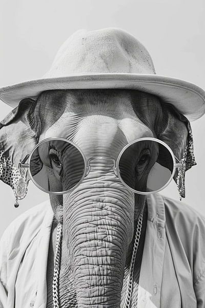 Stylish elephant with hat and sunglasses in black and white by Poster Art Shop