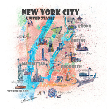 Geïllustreerde kaart van New York City met hoofdstraten, bezienswaardigheden en hoogtepunten
