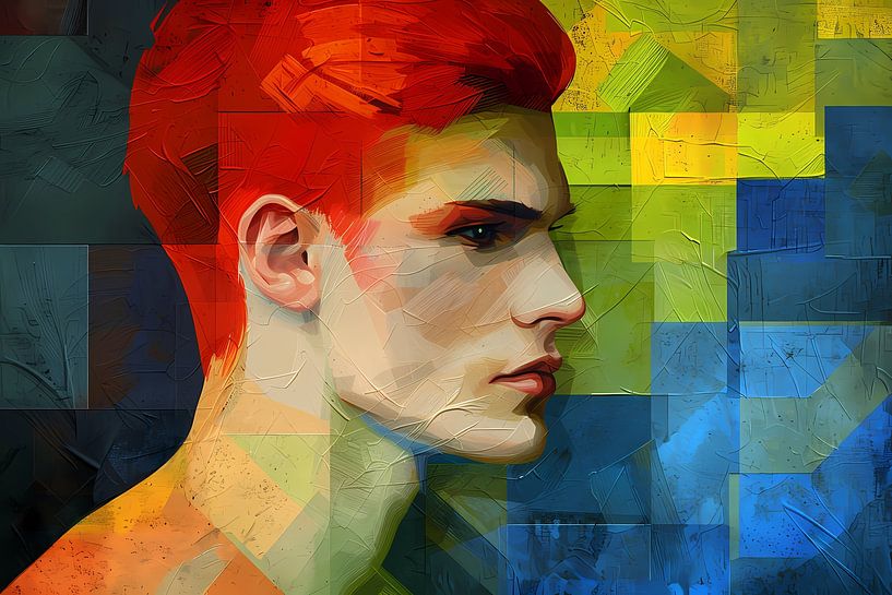 Abstract portret van man in levendige kleuren van Art & Soul Creations