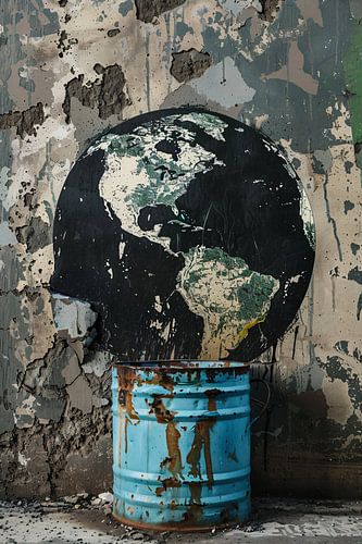 Zwarte wereldbol in blauwe vuilnisbak