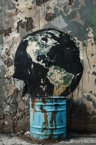 Schwarzer Globus in blauer Mülltonne von Imperial Art House