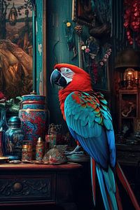 Papegaai in Kleurrijke Oase. van Digitale Schilderijen