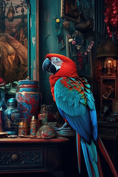 Parrot in Colourful Oasis. by Digitale Schilderijen