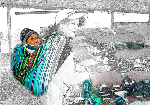Foto schets van moeder en kind, Peru