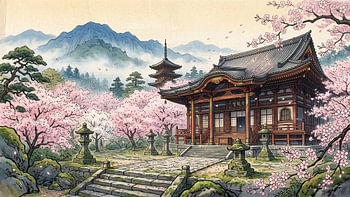 Japanese Temple Serenity Beneath Blooming Cherry Blossoms